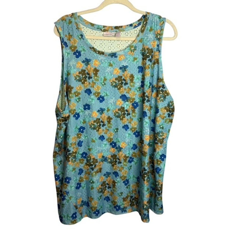 Logo Layers Tank Top Women's 2X Floral Eyelet Sleeveless Scoop Neck Blue